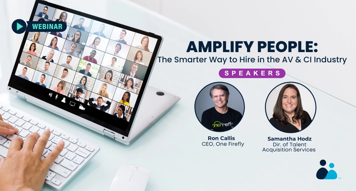 A webinar promotional graphic featuring two speakers, a woman with long dark hair wearing a black top, and a man with short gray hair wearing glasses and a black t-shirt. The graphic has a dark blue background with white and light blue text highlighting the webinar topic about setting up team members for success. A red play button icon with the word “Webinar” appears at the top left.