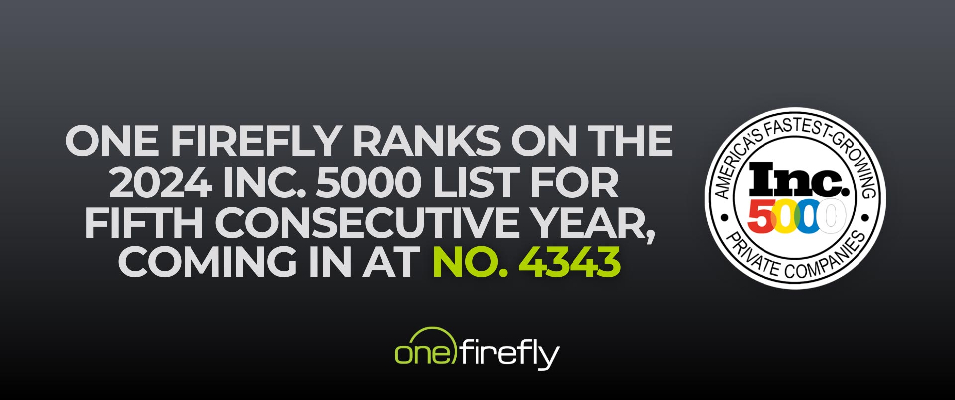 Announcement graphic for One Firefly’s inclusion in the Inc. 5000 list