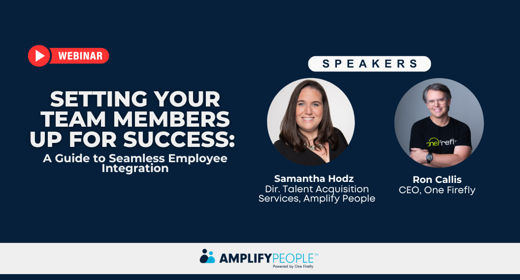 A webinar promotional graphic featuring two speakers, a woman with long dark hair wearing a black top, and a man with short gray hair wearing glasses and a black t-shirt. The graphic has a dark blue background with white and light blue text highlighting the webinar topic about setting up team members for success. A red play button icon with the word “Webinar” appears at the top left.