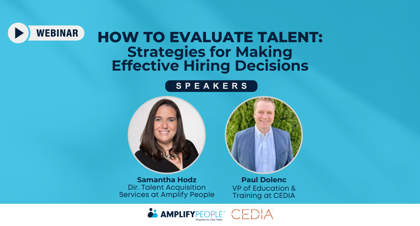 A webinar promotional graphic with a light blue background featuring two speakers, a woman with long dark hair wearing a black top, and a man with short light brown hair wearing a light blue button-down shirt. The title focuses on finding talent and discovering ideal candidates. A white play button icon with the word “Webinar” appears at the top left.