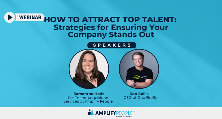 A webinar promotional graphic with a light blue background featuring two speakers, a woman with long dark hair wearing a black top, and a man with short blond hair wearing a blue blazer over a white shirt. The title highlights evaluating talent and making effective hiring decisions. A white play button icon with the word “Webinar” appears at the top left.